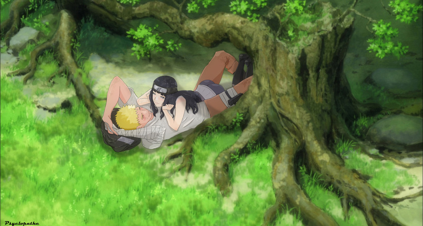 1boy ass bandaged_arm blush couple female forehead_protector grass hyuuga_hinata lavender_eyes naruto naruto:_the_last psyclopathe shorts tree uzumaki_naruto