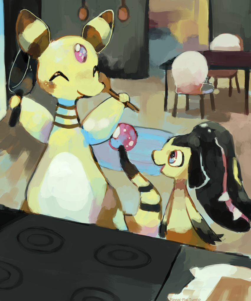 2015 ambiguous_gender ampharos appliance chair closed_eyes cookware digital_media_(artwork) digital_painting_(artwork) duo feral frying_pan furniture generation_2_pokemon generation_3_pokemon happy hi_res kitchen_utensils mawile nintendo open_mouth open_smile pokemon pokemon_(species) pokemon_mystery_dungeon red_eyes rinnai-rai smile spike_chunsoft stove table tools