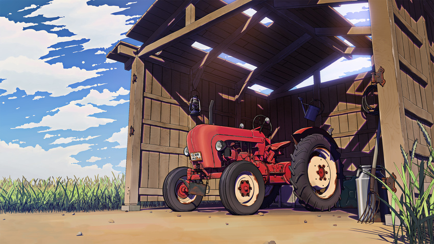 blue_sky cloud cloudy_sky commentary day grass highres lantern no_humans original outdoors pitchfork shed sky tractor vvcephei