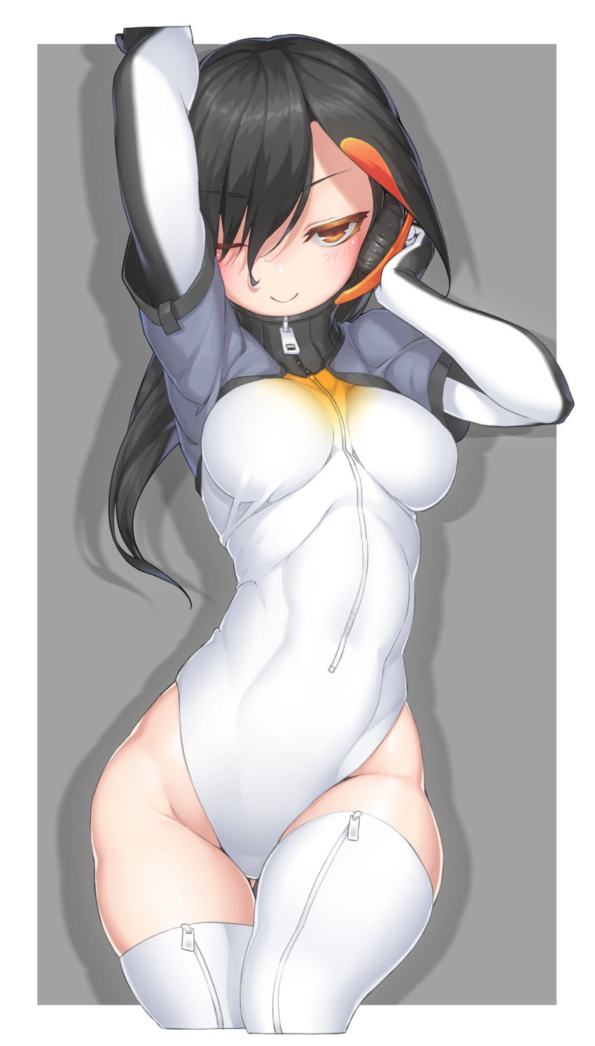 ;) arms_up bad_id bad_pixiv_id black_hair blush breasts brown_eyes closed_mouth female hair_over_one_eye headphones highres kemono_friends king_penguin_(kemono_friends) leotard long_hair looking_at_viewer medium_breasts multicolored_hair neko7 one_eye_closed photoshop_(medium) simple_background smile solo streaked_hair thighhighs white_thighhighs zipper