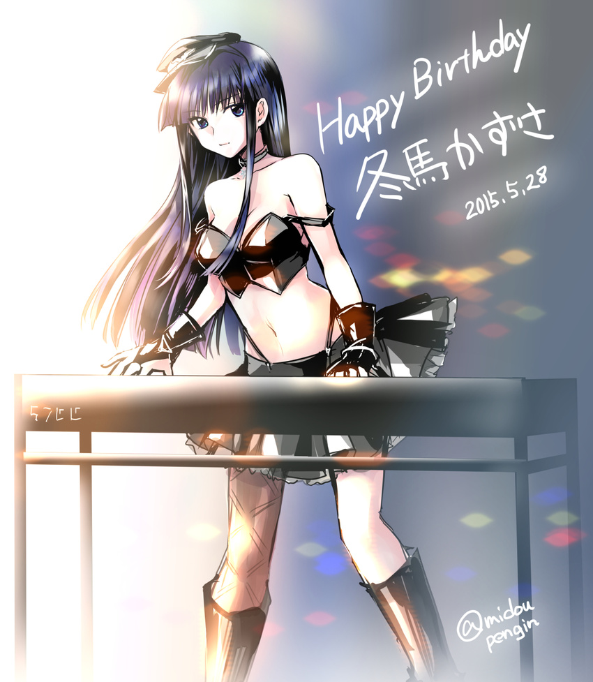 asymmetrical_legwear black_footwear black_hair black_skirt blue_eyes boots breasts cleavage commentary_request dated female hat highres knee_boots long_hair medium_breasts mintes navel signature skirt solo touma_kazusa uneven_legwear white_album_(series) white_album_2