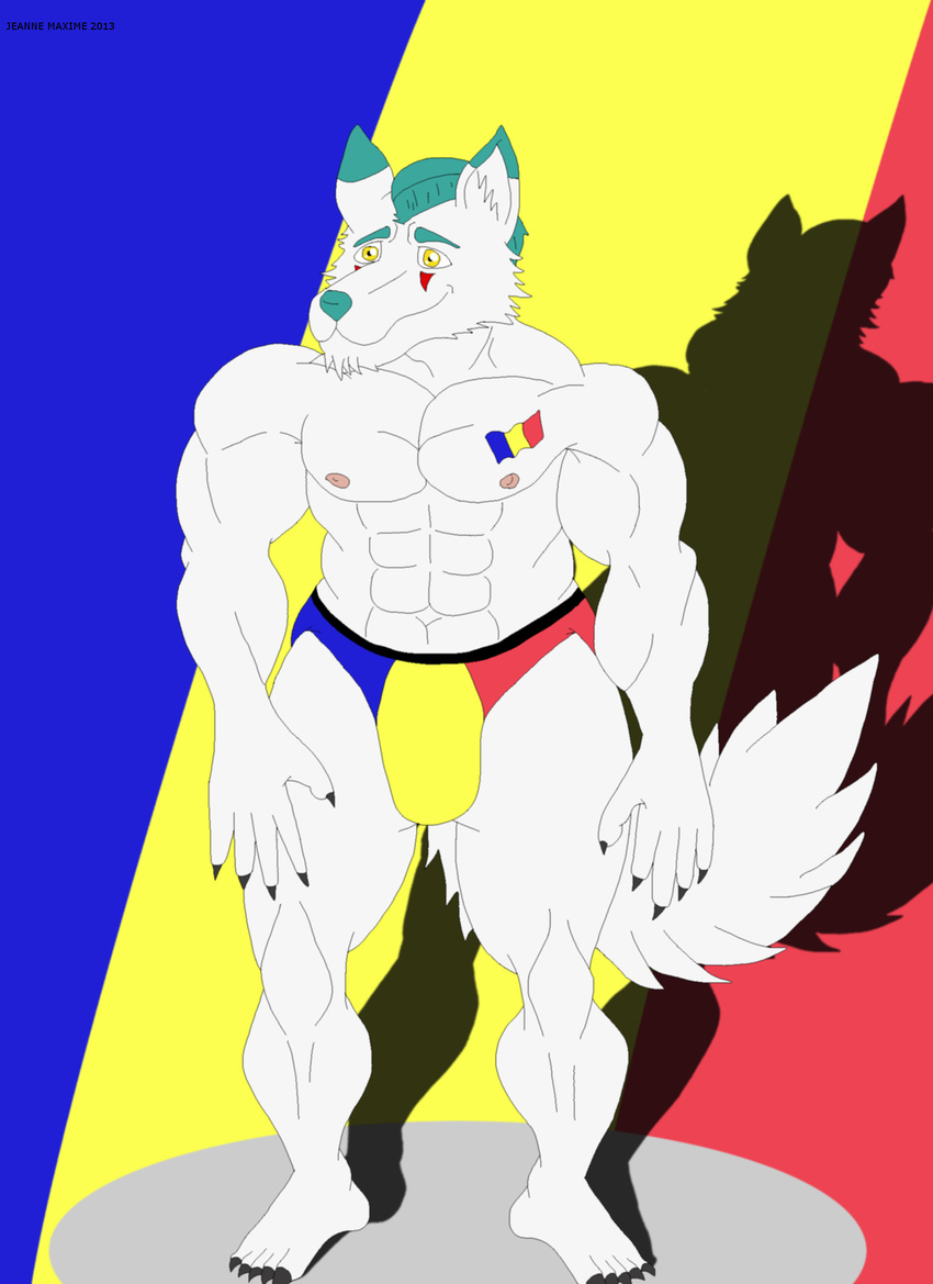 2013 abs anthro arctic_fox arkantos biceps canid canine claws clothing fox fur hair helloxd hi_res looking_at_viewer male mammal maxime-jeanne muscular nipples pecs pose romania smile solo standing true_fox white_body white_fur yellow_eyes