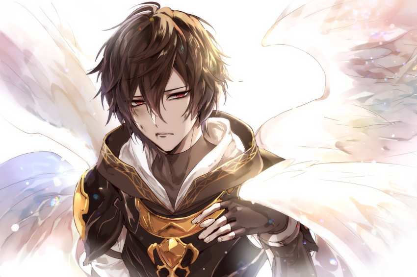 1boy armor bad_id bad_twitter_id brown_hair commentary_request fingerless_gloves gloves granblue_fantasy hood hood_down male_focus messy_hair multiple_wings red_eyes sandalphon_(granblue_fantasy) seraph shivue short_hair solo wings