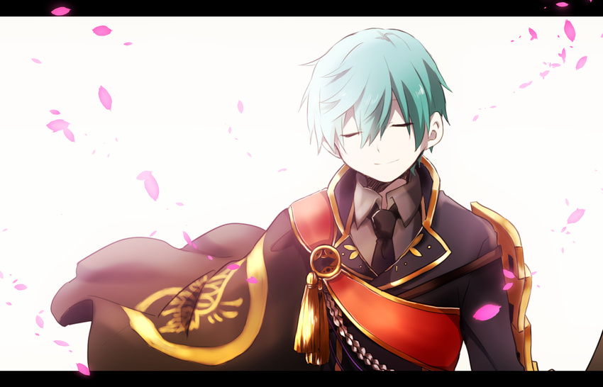 1boy aqua_hair cape closed_eyes commentary_request highres ichigo_hitofuri letterboxed male_focus military military_uniform necktie petals ryukadomatsu smile solo touken_ranbu uniform upper_body