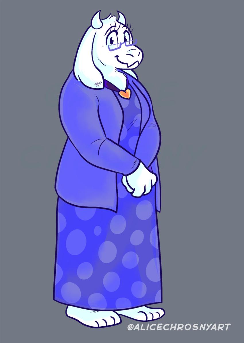 alice_chrosny anthro boss_monster_(undertale) bovid caprine cardigan deltarune eyewear female glasses heart_symbol hi_res horn long_ears mammal simple_background solo toriel undertale undertale_(series)