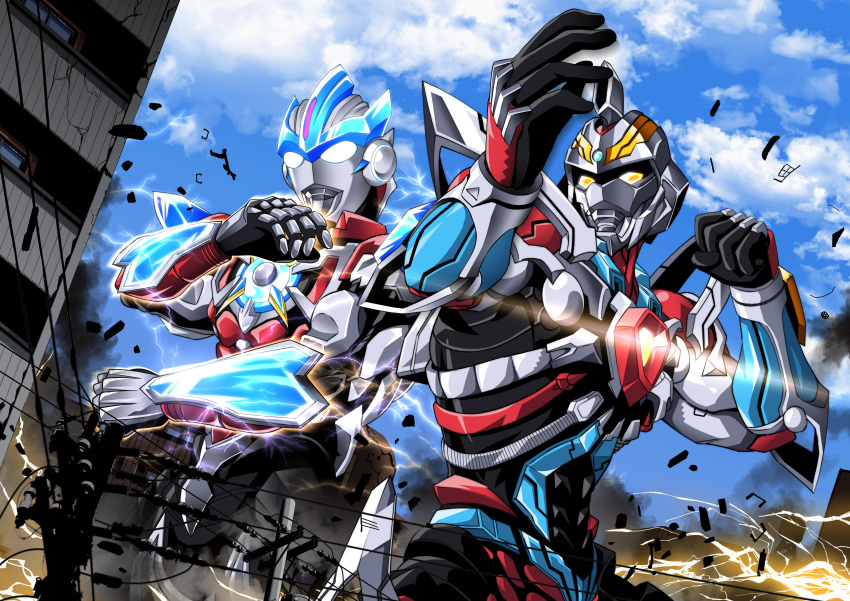 blue_sky building cable clenched_hand cloud commentary_request crossover electricity fighting_stance giant glowing glowing_eyes gridman_(ssss) gridman_universe highres lightning_bolt_symbol nomayo outdoors power_lines sky ssss.gridman ultra_series ultraman_orb ultraman_orb_(series) utility_pole white_eyes yellow_eyes