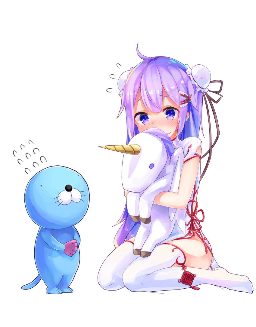 absurdres ahoge azur_lane blush bonobono bonobono_(character) bun_cover china_dress chinese_clothes commentary_request covered_mouth crossover double_bun dress female flying_sweatdrops hair_between_eyes hair_bun highres hugging_object long_hair no_shoes nose_blush official_alternate_costume osisio otter photoshop_(medium) purple_eyes purple_hair short_sleeves simple_background single_side_bun sitting standing stuffed_animal stuffed_toy stuffed_winged_unicorn thighhighs unicorn_(azur_lane) unicorn_(the_gift_of_spring)_(azur_lane) very_long_hair wariza white_background white_dress white_thighhighs