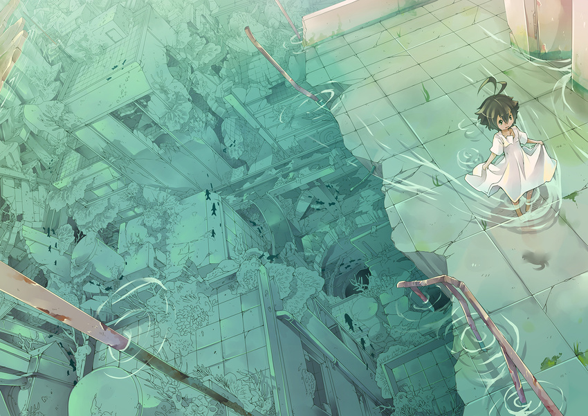 ahoge architecture commentary_request dress dutch_angle ely female fish from_above green_theme highres only_human railing ruins scenery sinlaire solo standing wading water