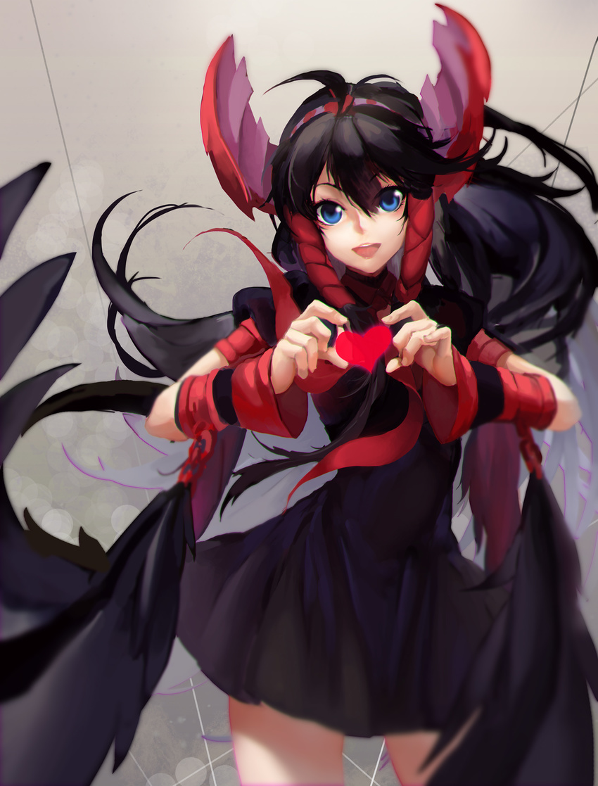 4-fingers_heart_hands :d black_hair blue_eyes chromatic_aberration commentary_request dress female hair_ornament heart heart_hands highres long_hair nephthys_(p&d) open_mouth orokanahime puzzle_&_dragons smile solo