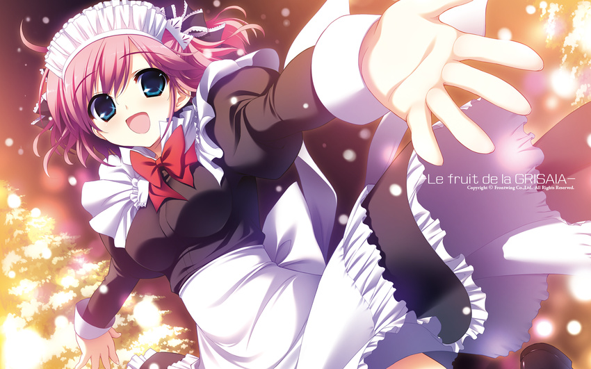 :d black_dress blue_eyes blush dress french frills fumio_(ura_fmo) grisaia_(series) grisaia_no_kajitsu highres komine_sachi maid maid_headdress open_mouth pine_tree pink_hair red_ribbon ribbon smile snow snowing solo tree watermark wrist_cuffs