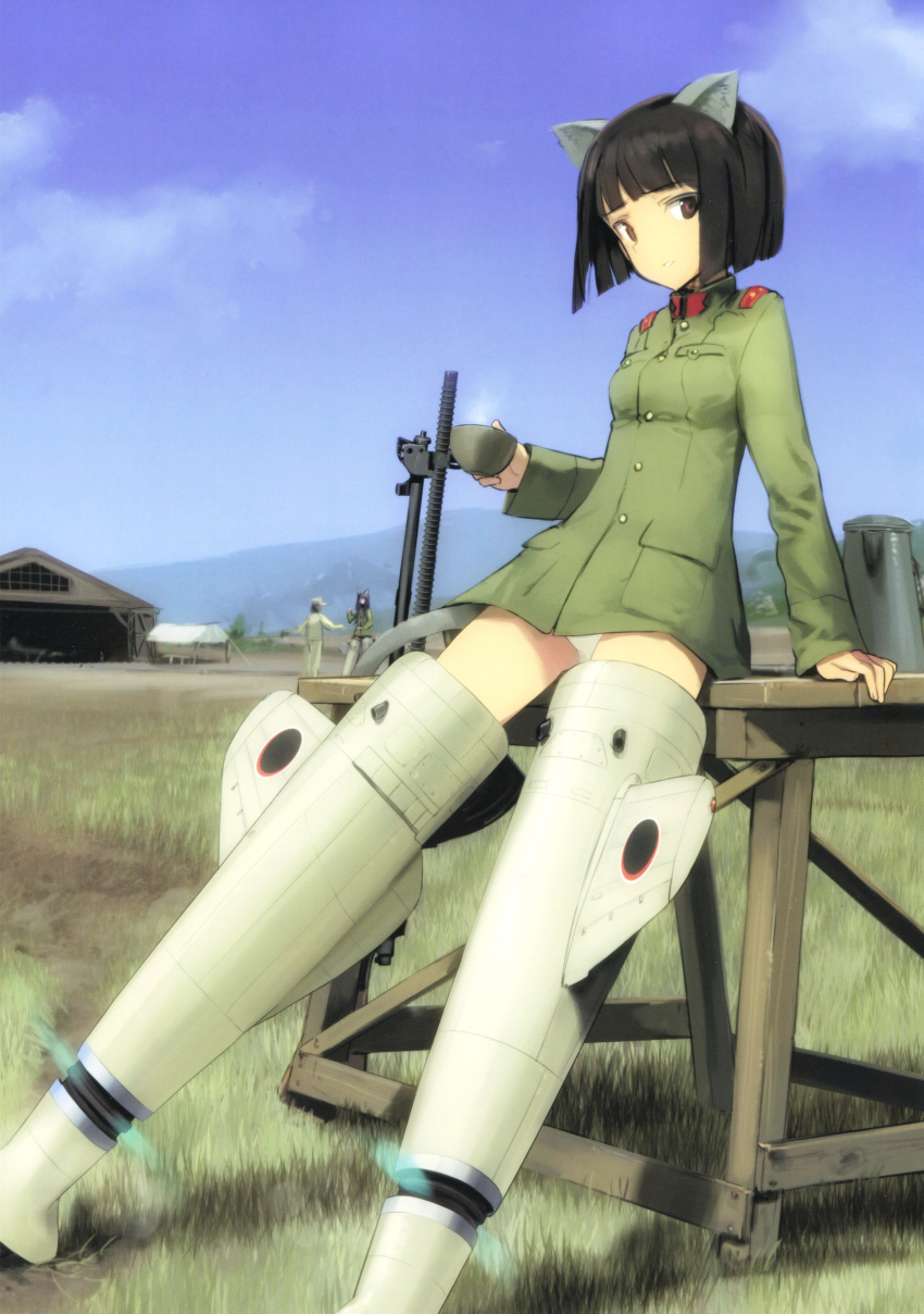 absurdres animal_ears black_hair bob_cut brown_eyes cat_ears cat_girl cup day etou_toshiko female highres military military_uniform non-web_source official_art outdoors panties roundel shimada_fumikane short_hair sky solo strike_witches_zero striker_unit underwear uniform white_panties world_witches_series