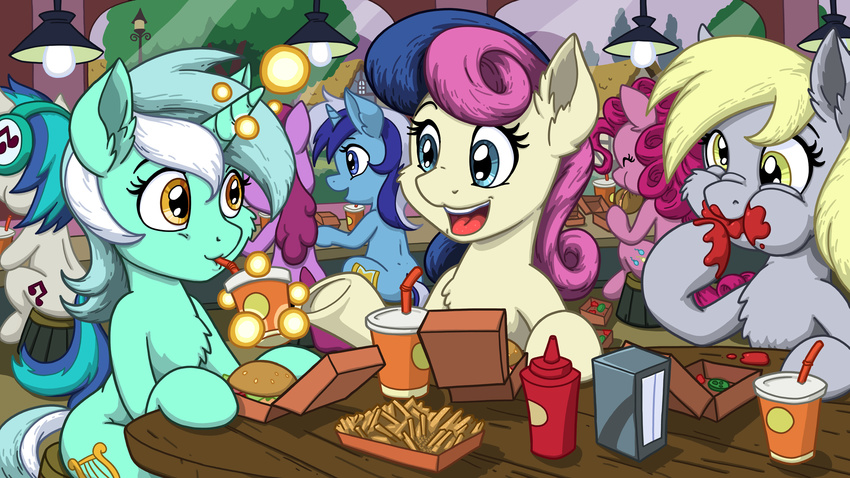 16:9 2015 blonde_hair blue_eyes blue_hair bonbon_(mlp) burger container cup cutie_mark derp_eyes derpy_hooves earth_pony electronics equid equine female feral food friendship_is_magic glowing green_hair group hair hasbro hay headphones hi_res horn horse ketchup latecustomer levitation lyra_heartstrings_(mlp) magic mammal messy_eater minuette_(mlp) multicolored_hair my_little_pony mythological_creature mythological_equine mythology pink_hair pinkie_pie_(mlp) pony two_tone_hair unicorn vinyl_scratch_(mlp) white_hair widescreen yellow_eyes