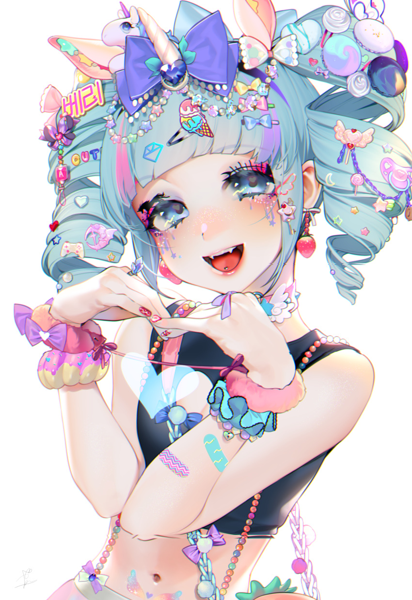 :d absurdres animal_ears bad_id bad_pixiv_id bandaid bandaid_on_arm bare_shoulders beads berry_(shining_star) black_shirt blue_eyes blue_hair chromatic_aberration contrapposto crop_top decora drill_hair earrings eyelashes eyeshadow facial_mark fangs female fingernails food-themed_earrings glitch hair_ornament hairclip hands_up head_tilt heart heart_arms highres horns jewelry long_hair looking_at_viewer makeup midriff multicolored_hair nail_art nail_polish navel ohisashiburi open_mouth piercing pink_hair purple_hair red_nails shining_star shirt simple_background single_horn sleeveless sleeveless_shirt smile solo standing stomach strawberry_earrings tongue_piercing twin_drills twintails unicorn unicorn_girl upper_body white_background