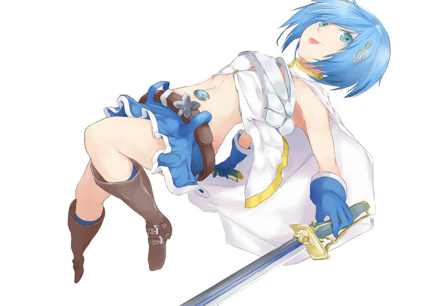 :p adapted_costume alternate_costume amazarash1 bare_shoulders belt blue_eyes blue_hair boots cape commentary_request dual_wielding female gloves hair_ornament hairclip highres holding magical_girl mahou_shoujo_madoka_magica mahou_shoujo_madoka_magica_(anime) midriff miki_sayaka miki_sayaka_(magical_girl) musical_note musical_note_hair_ornament short_hair simple_background solo soul_gem sword tongue tongue_out treble_clef weapon white_background