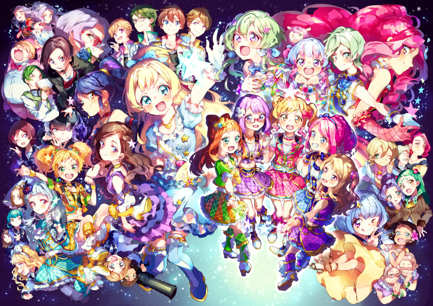 6+boys 6+girls absurdres aikatsu!_(series) aikatsu_stars! akashi_saya alice_carol_(aikatsu_stars!) aoyama_naho ashida_yuuri_(aikatsu!) bad_id bad_pixiv_id blonde_hair blue_eyes blue_hair boots brown_hair caroline_(aikatsu!) character_request commentary doughnut_hair_bun elza_forte everyone flower futaba_aria glasses green_eyes green_hair grin hair_between_eyes hair_bun hair_flower hair_ornament hanazono_kirara haruka_ruka hibiki_anna high_heel_boots high_heels highres idol_clothes igarashi_nozomu iukawa_hamosaku jiiya_(aikatsu_stars!) kasumi_asahi kasumi_mahiru kasumi_yozora katsura_miki_(aikatsu!) kazama_kaoru kira_kanata kisaragi_tsubasa kizaki_rei liszt_juli long_hair looking_at_another looking_at_viewer m4_uniform maori_(aikatsu_stars!) midriff miwa_tamagorou moroboshi_hikaru moroboshi_hotaru multicolored_hair multiple_boys multiple_girls nanakura_koharu naruse_ayumi_(aikatsu!) navel nijino_yume nikaido_yuzu one_eye_closed pink_hair ponytail purple_eyes purple_hair red_eyes sakamoto_arisa sakuraba_rola saotome_ako satou_deebu shiratori_hime shirogane_lily short_hair smile space star_(symbol) star_hair_ornament starry_background teeth thighs tongue tongue_out twintails v very_long_hair wavy_hair white_hair yachigusa_momoko yellow_eyes yukie_grace_forte yuuki_subaru