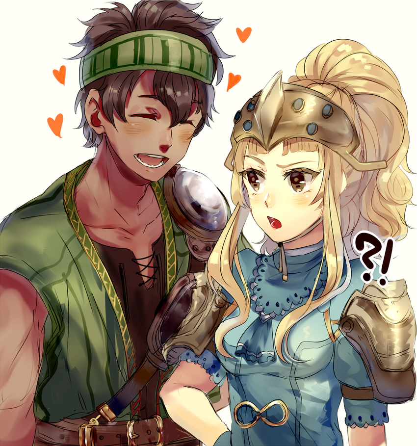 !? 1boy belt blonde_hair blush brown_eyes brown_hair clair_(fire_emblem) closed_eyes commentary_request dark-skinned_male dark_skin female fire_emblem fire_emblem_echoes:_shadows_of_valentia gray_(fire_emblem) headband heart helmet highres kash-phia long_hair open_mouth ponytail simple_background teeth white_background