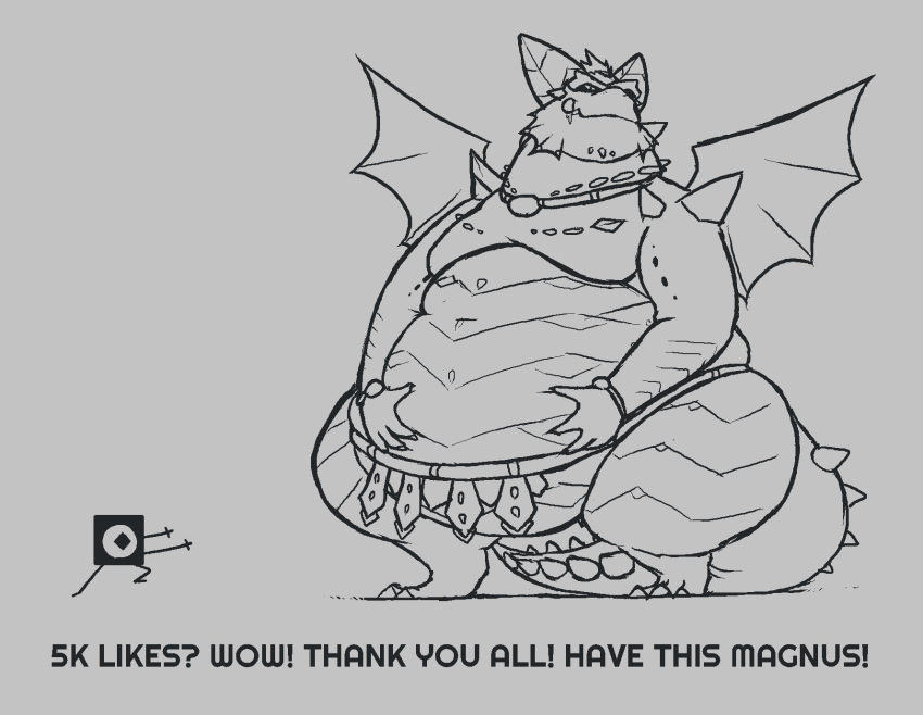 2018 activision anthro belly big_belly dragon english_text hand_on_belly hi_res horn licking licking_lips licking_own_lips looking_at_viewer magnus_(spyro) male monochrome moobs mythological_creature mythological_scalie mythology overweight overweight_anthro overweight_male rescued_dragons_(spyro) scalie self_lick solo spikes spyro_reignited_trilogy spyro_the_dragon tail text tongue tongue_out vantablackbox wings