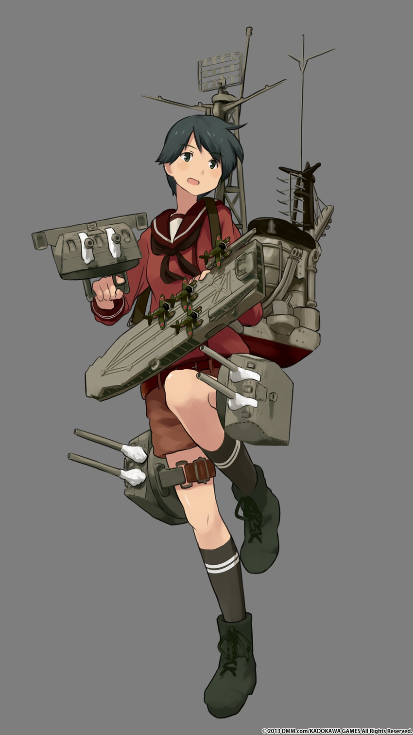 aircraft_carrier airplane belt black_eyes black_hair blush boots cannon canon female green_eyes highres kantai_collection mogami_(kantai_collection) official_art open_mouth personification sailor_collar school_uniform seaplane shibafu_(glock23) ship short_hair shorts smile solo turret warship