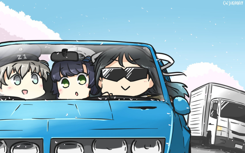 3girls :d alpine_(carmaker) alpine_a310 black_hair black_hat blonde_hair blue_eyes car clothes_writing commentary dated driving green_eyes hamu_koutarou hat highres kantai_collection katsuragi_(kancolle) katsuragi_misato long_hair matsuwa_(kancolle) motor_vehicle multiple_girls neon_genesis_evangelion open_mouth renault sailor_hat short_hair smile sunglasses truck white_hat z1_leberecht_maass_(kancolle)