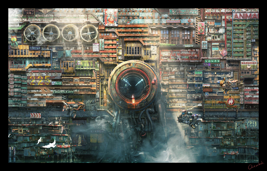 aircraft ataboh bad_id bad_pixiv_id bird building hand_fan highres house industrial_pipe no_humans original photoshop_(medium) scenery science_fiction smoke sunlight