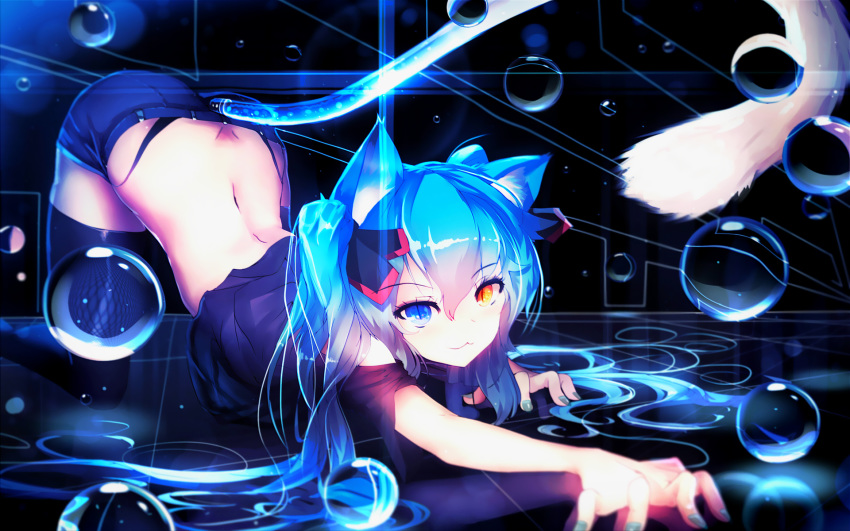 animal_ears aqua_hair ass bai_yemeng bicolored_eyes blue_eyes blue_hair blush cat_smile catgirl colorful female female hatsune_miku long_hair possible_duplicate qian_ye_2.s recolor ribbons shirt shirt_lift short_shorts shorts smile solo tail thighhighs tied_hair twintails vocaloid wallpaper yellow_eyes zettai_ryouiki