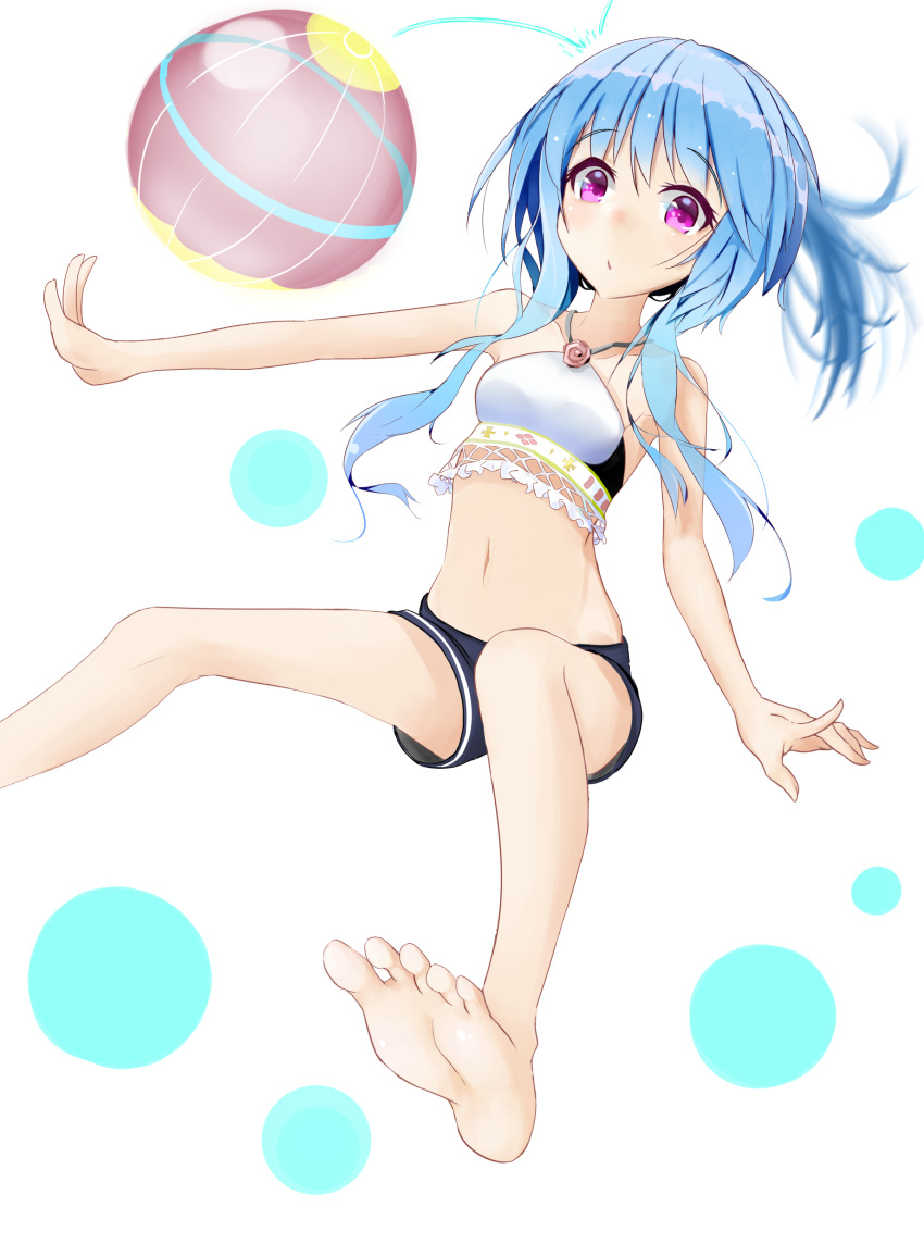 absurdres ball barefoot beachball blush breasts commentary_request female highres looking_at_viewer mau_suika navel outstretched_hand ponytail purple_eyes reve_(sennen_sensou_aigis) sennen_sensou_aigis simple_background small_breasts solo white_background