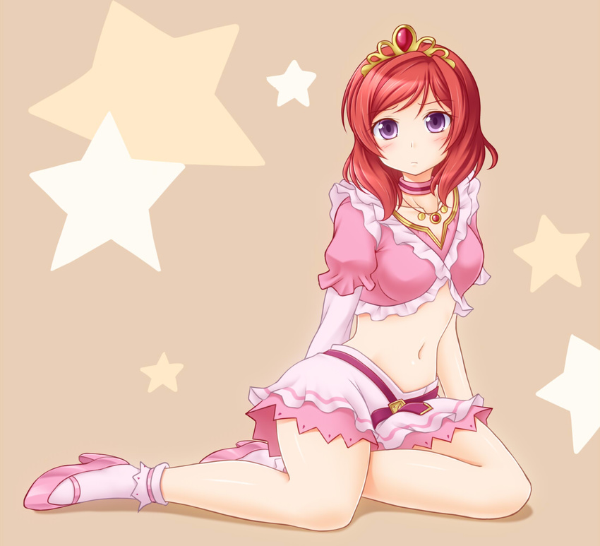 choker commentary_request crop_top female high_heels jewelry looking_at_viewer love_live! love_live!_school_idol_project mary_janes midriff music_s.t.a.r.t!! navel necklace nishikino_maki purple_eyes red_hair shoes short_hair skirt socks solo star_(symbol) starry_background tiara utomo