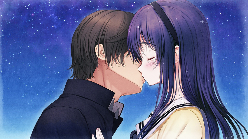 black_hair blush game_cg kimi_to_kanojo_to_kanojo_no_koi. kissing seifuku sky sone_miyuki tears tsuji_santa