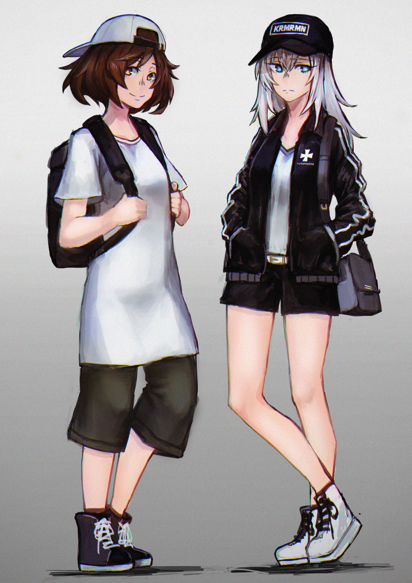 2girls akiyama_yukari backwards_hat bag baseball_cap belt black_footwear black_hat black_jacket black_shorts blue_eyes bookbag brown_eyes brown_hair carrying casual closed_mouth commentary_request cross-laced_footwear full_body girls_und_panzer gradient_background grey_background grey_hair handbag hands_in_pockets hat highres itsumi_erika jacket light_frown logo long_hair long_sleeves looking_at_viewer luna_ninja messy_hair multiple_girls open_clothes open_jacket pants shirt shoes short_hair short_shorts short_sleeves shorts smile standing t-shirt thigh_shorts v-neck white_belt white_footwear white_hat white_shirt