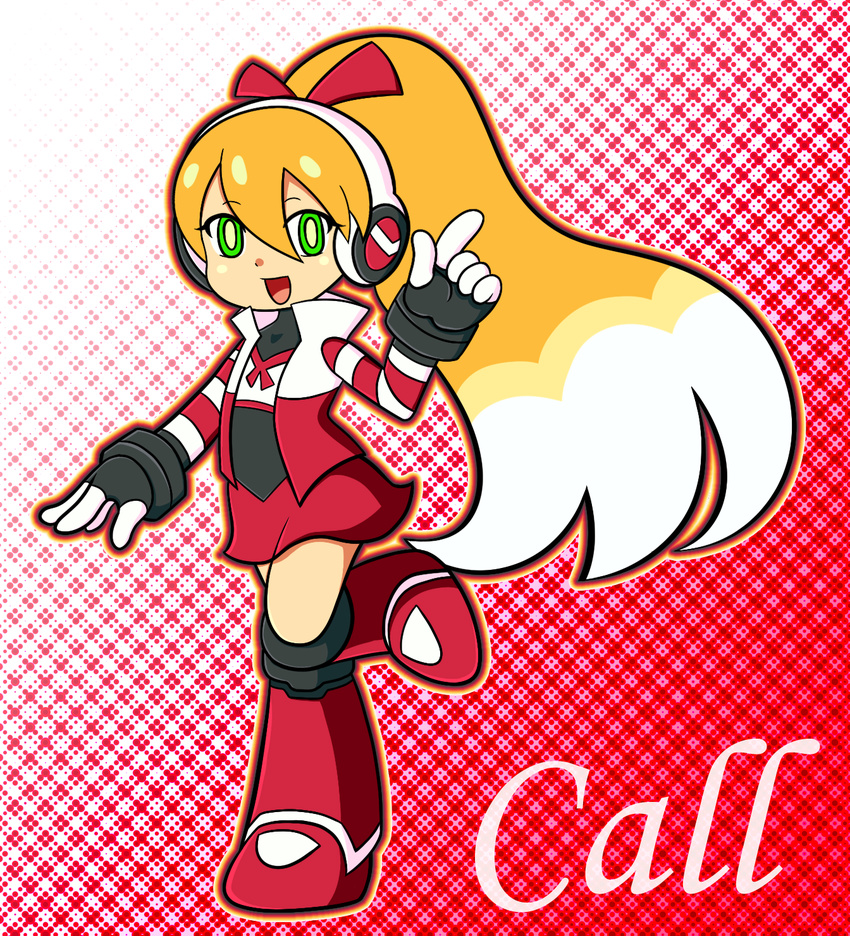 big_hair blonde_hair boots call_(mighty_no._9) call_f character_name commentary_request female gradient_background green_eyes hair_ribbon highres kamira-exe knee_boots long_hair mighty_no._9 ponytail ribbon robot robot_ears skirt smile solo striped_sleeves