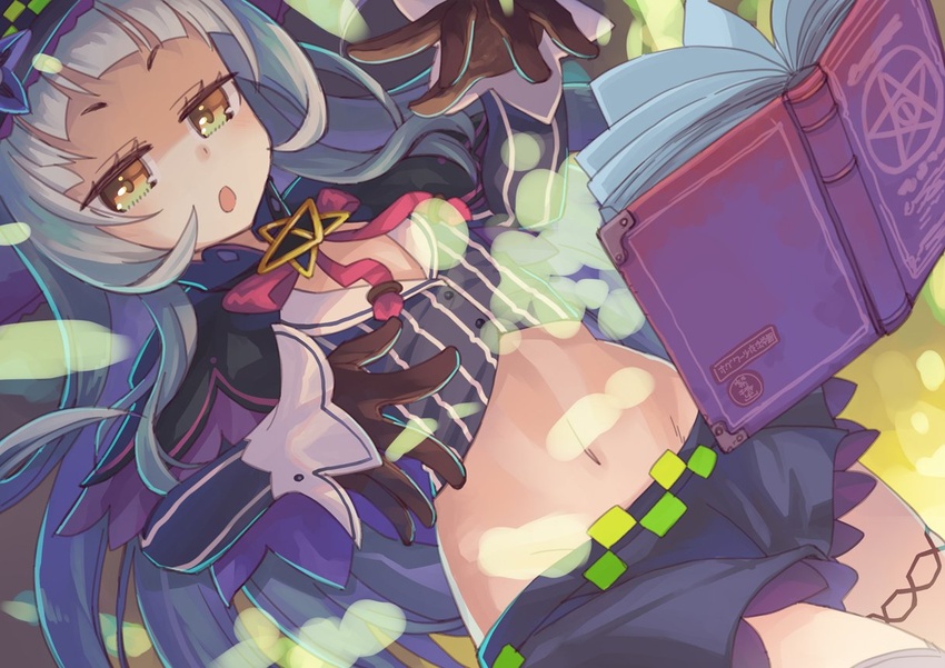 :o blunt_bangs book bow bowtie capelet commentary_request crop_top cropped_shirt dutch_angle female flat_chest gloves grey_hair groin hairband hat hololive long_hair long_sleeves looking_at_viewer midriff murasaki_shion murasaki_shion_(1st_costume) navel open_book open_mouth pentagram pinstripe_pattern pinstripe_shirt shirt short_shorts shorts solo stomach striped_clothes striped_shirt tottori v-shaped_eyebrows vertical-striped_clothes vertical-striped_shirt virtual_youtuber white_hair yellow_eyes