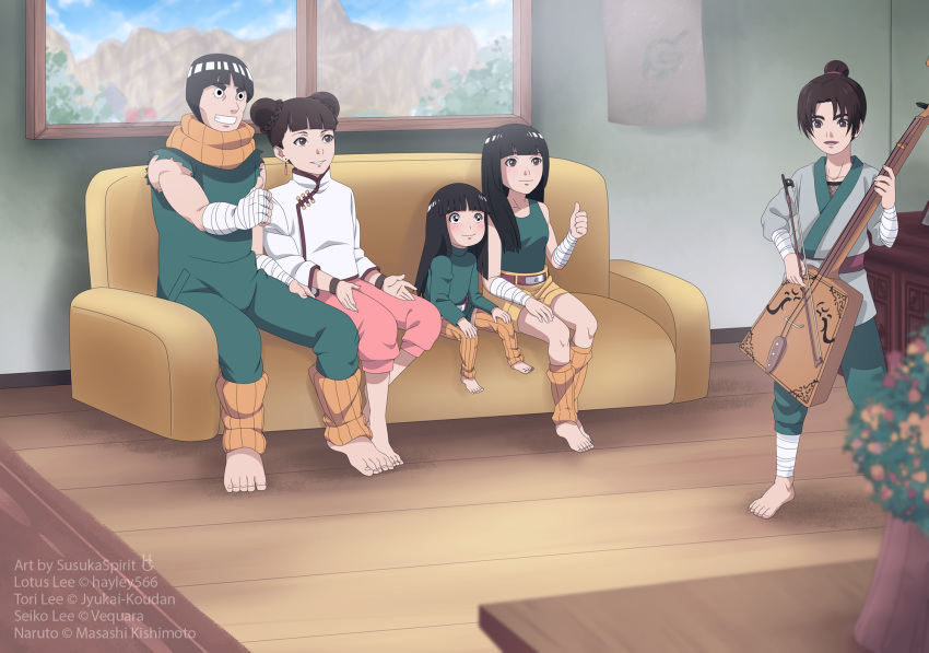 2boys 3girls barefoot black_hair boruto brown_hair family feet hair_buns if_they_mated multiple_boys multiple_girls naruto rock_lee short_hair susukaspirit tenten twinbuns