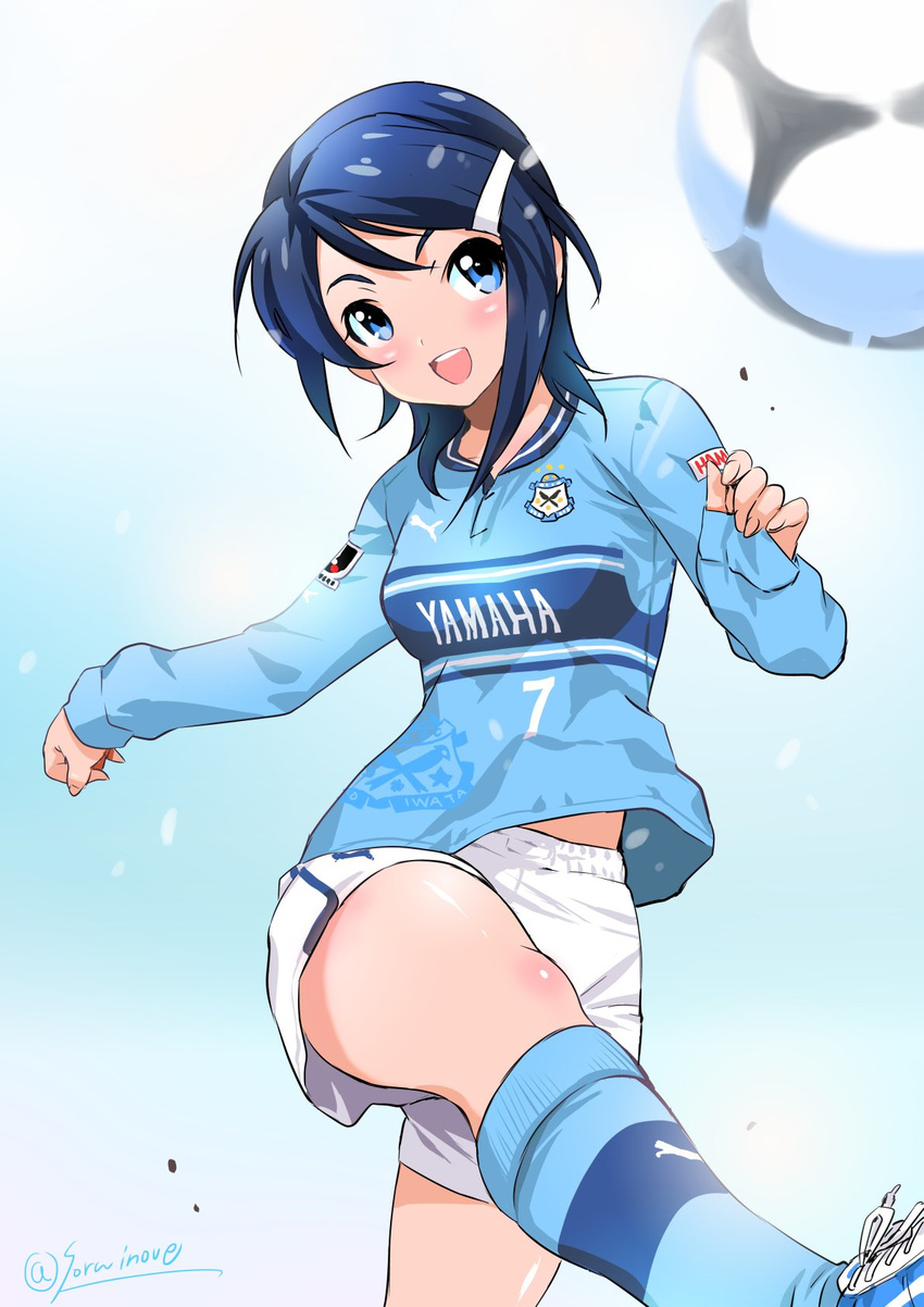 ball blue_eyes blue_hair blush_stickers commentary_request dated female foreshortening hair_ornament hairclip highres idolmaster idolmaster_dearly_stars inoue_sora j._league jubilo_iwata kicking midriff_peek mizutani_eri open_mouth revision short_hair shorts signature sleeves_past_wrists smile soccer soccer_ball soccer_uniform socks solo sportswear tango_(soccer_ball) thighs twitter_username