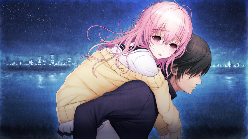 brown_eyes game_cg hug kimi_to_kanojo_to_kanojo_no_koi. long_hair mukou_aoi pink_hair seifuku sky tsuji_santa water