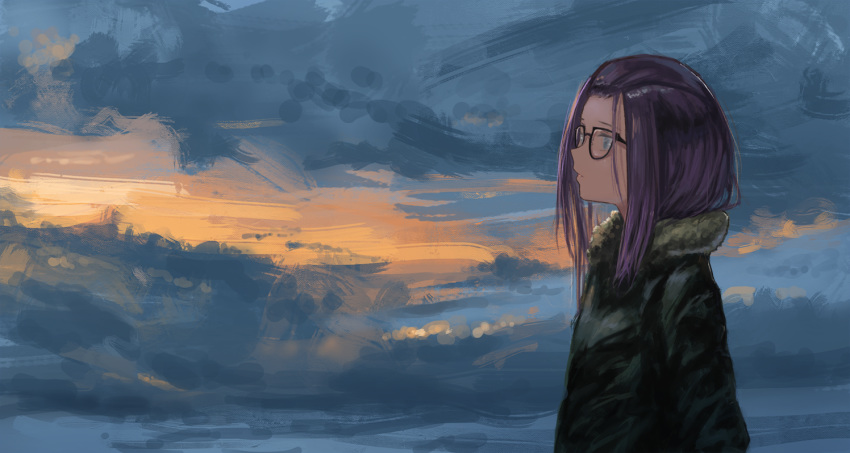 bangs_pinned_back black-framed_eyewear cloud commentary_request female fur-trimmed_jacket fur_trim glasses jacket kagamihara_sakura kagumanikusu long_hair long_sleeves purple_eyes purple_hair sky solo yurucamp