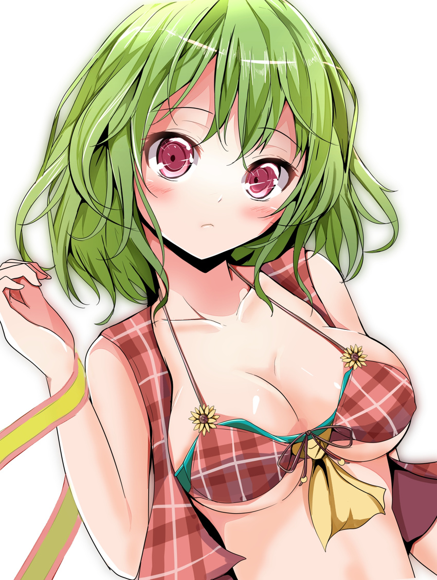 ascot bare_arms bikini blush breasts cleavage collarbone commentary_request female flower front-tie_top green_hair highres kazami_yuuka looking_at_viewer medium_breasts open_clothes open_vest plaid plaid_bikini red_bikini red_eyes ribbon shiny_skin simple_background solo sunflower swimsuit touhou underboob upper_body velia vest white_background