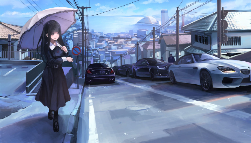 2boys black_dress black_eyes black_footwear black_hair black_legwear blue_sky building car city commentary_request day dress faceless faceless_male female highres kobe koh_(minagi_kou) long_hair motor_vehicle multiple_boys original outdoors overhead_line parasol road school_uniform sky smile solo_focus street traffic umbrella walking