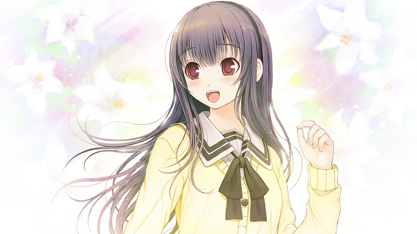 black_hair flowers game_cg kimi_to_kanojo_to_kanojo_no_koi. long_hair nitroplus purple_eyes seifuku sone_miyuki tsuji_santa