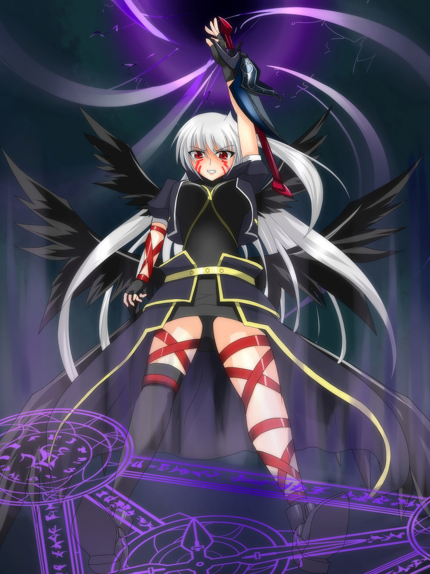 angry arm_belt asymmetrical_legwear black_legwear black_wings breasts clenched_teeth commentary_request energy_ball facial_mark female fingerless_gloves from_below gloves grey_hair hand_up highres jacket large_breasts leg_belt long_hair lyrical_nanoha magic magic_circle magical_girl mahou_shoujo_lyrical_nanoha mahou_shoujo_lyrical_nanoha_a's mahou_shoujo_lyrical_nanoha_the_movie_2nd_a's multiple_wings nachtwal open_clothes open_jacket red_eyes reinforce single_thighhigh skirt solo tears teeth thigh_strap thighhighs uneven_legwear waist_cape wings wrist_straps you_(yousuke968)