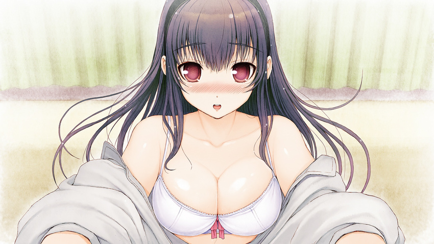 black_hair blush bra breasts game_cg kimi_to_kanojo_to_kanojo_no_koi. long_hair purple_eyes sone_miyuki tsuji_santa underwear