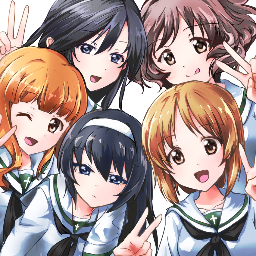 5girls :p akiyama_yukari bad_id bad_pixiv_id black_eyes black_hair blouse brown_eyes brown_hair commentary_request girls_und_panzer hairband highres isuzu_hana long_hair looking_at_viewer multiple_girls neckerchief nishizumi_miho one_eye_closed ooarai_school_uniform open_mouth orange_eyes orange_hair pose reizei_mako sau_(bluepoper) school_uniform serafuku shirt short_hair smile takebe_saori tongue tongue_out upper_body v white_background white_shirt