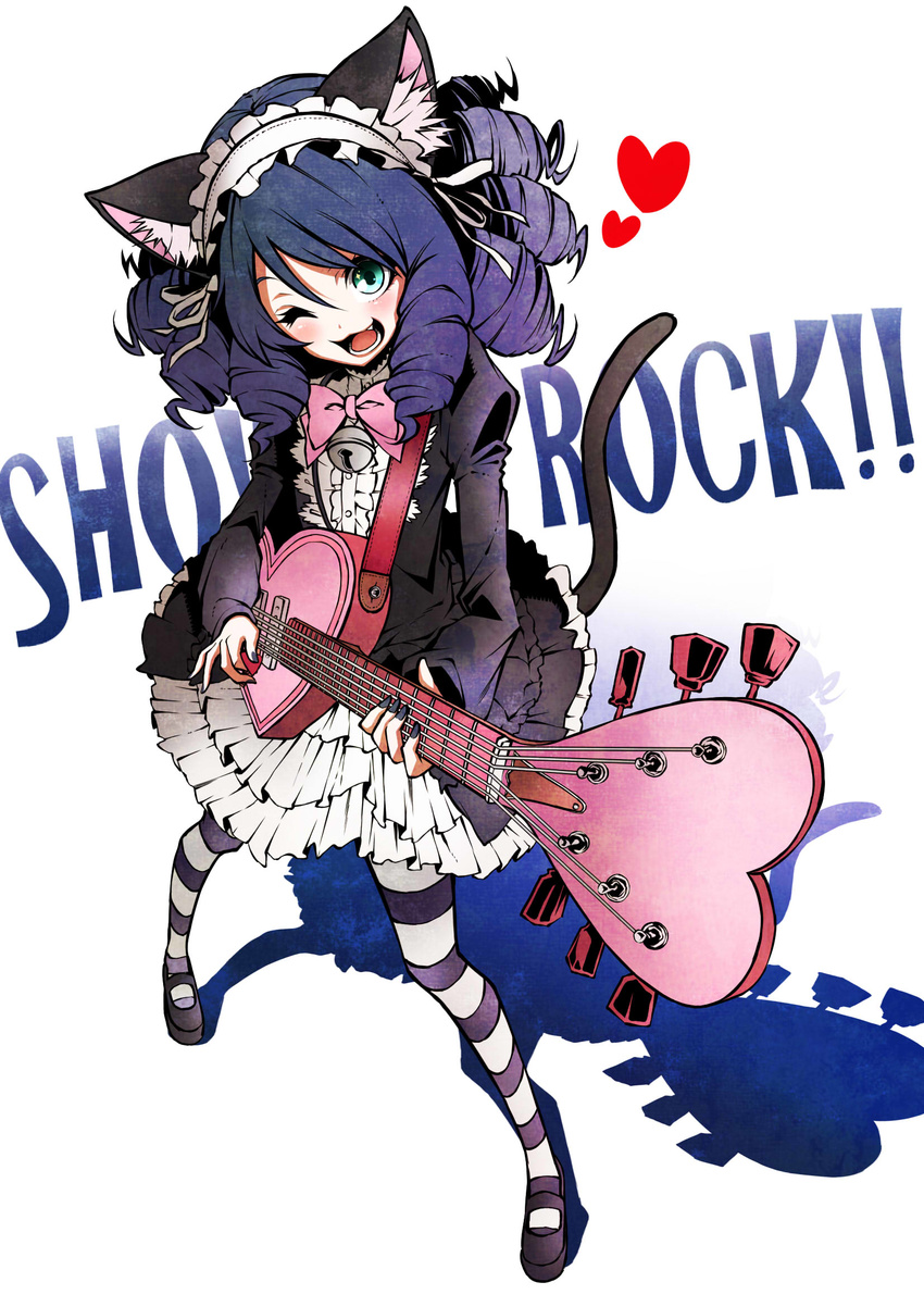 ;d animal_ears aqua_eyes bell black_nails blue_hair bow cat_ears cat_girl cat_tail commentary_request cyan_(show_by_rock!!) drill_hair electric_guitar female full_body gothic_lolita guitar heart heart_guitar highres instrument lolita_fashion long_hair looking_at_viewer mary_janes nail_polish one_eye_closed open_mouth pantyhose pink_bow shadow shoes show_by_rock!! smile solo strawberry_heart_(show_by_rock!!) striped_clothes striped_pantyhose tail teeth tongue vice_(kuronekohadokoheiku)