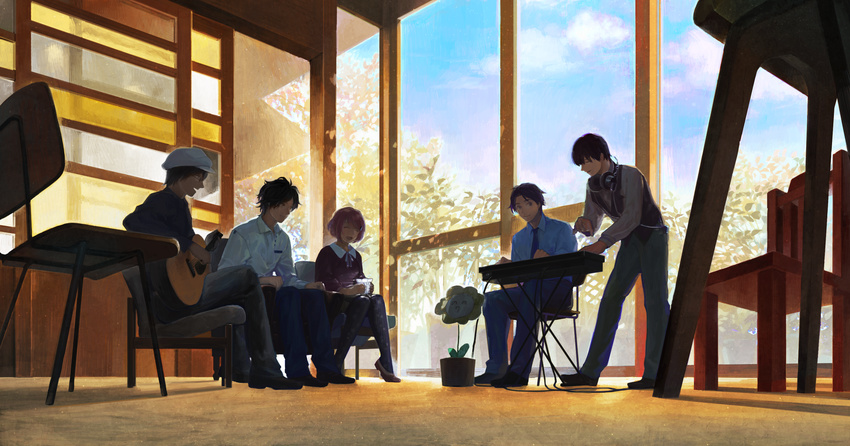 4boys ^_^ ^o^ bad_id bad_pixiv_id black_hair blue_shirt chair closed_eyes dress_shirt female flower glass glasses guitar hat headphones headphones_around_neck highres indoors instrument keyboard_(instrument) multiple_boys necktie original pants red_hair shirt short_hair sitting vest window zipperradio