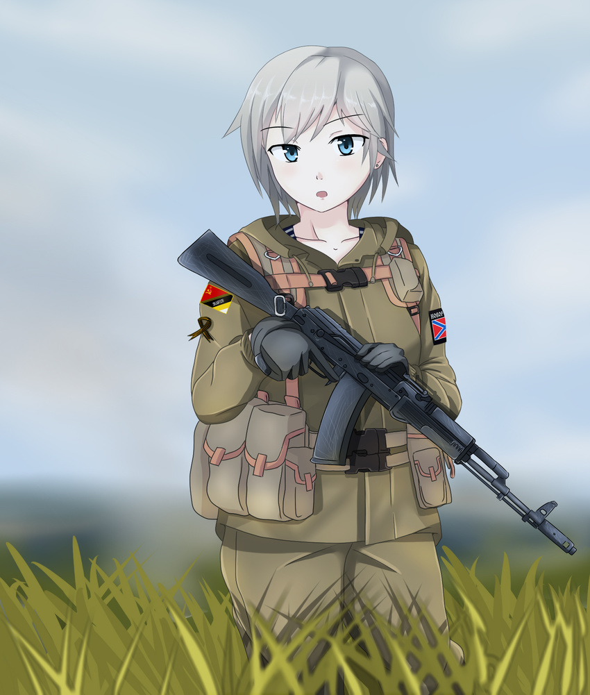 ak-74m anastasia_(idolmaster) assault_rifle blue_eyes commentary_request cyka female grey_hair gun hammer_and_sickle highres idolmaster idolmaster_cinderella_girls imperial_russian_flag jacket kalashnikov_rifle military military_jacket photoshop_(medium) rifle russia russo-ukrainian_war shirt smersh soviet_flag striped_clothes striped_shirt telnyashka translated trigger_discipline war_in_donbass weapon