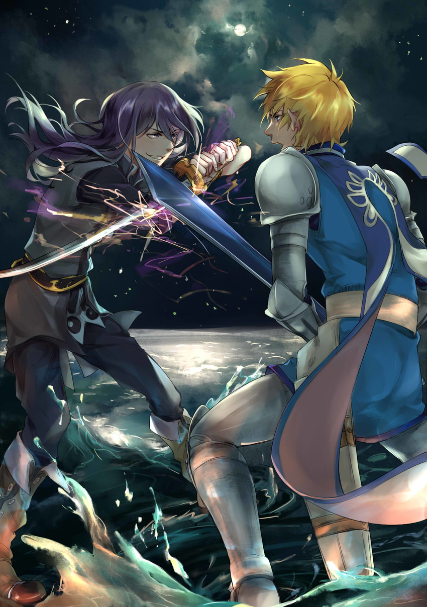 2boys armor battle black_eyes black_hair black_pants black_shirt blonde_hair boots commentary_request duel flynn_scifo grin highres knee_boots long_hair male_focus multiple_boys open_mouth pants shirt smile soysae surcoat sword tales_of_(series) tales_of_vesperia water weapon yuri_lowell