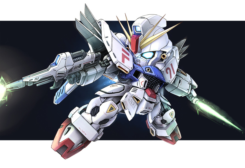 beam_rifle beam_saber black_background chibi commentary_request dual_wielding energy_gun f91_gundam flying gundam gundam_f91 holding letterboxed mecha no_humans outside_border robot science_fiction simple_background solo takamaru_(taka1220) weapon