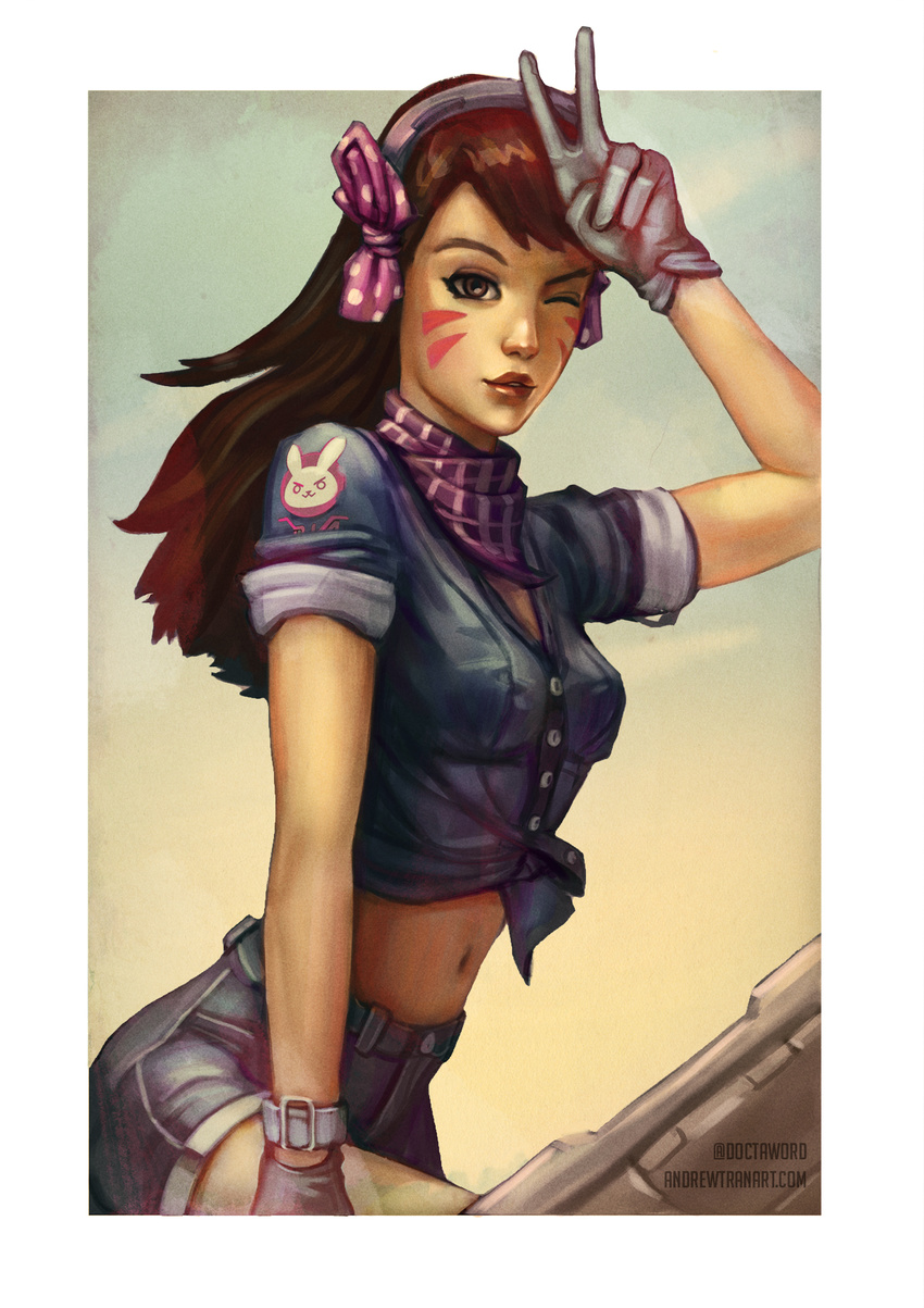 andrew_tran animal_print artist_name bad_link bow breasts brown_hair buttons commentary crop_top d.va_(overwatch) denim denim_dress denim_shorts english_commentary facial_mark female gloves hairbow hand_to_head highres long_hair looking_at_viewer medium_breasts midriff navel one_eye_closed overwatch overwatch_1 parted_lips polka_dot polka_dot_bow rabbit rabbit_print shorts sleeves_rolled_up solo v watermark web_address whisker_markings white_gloves