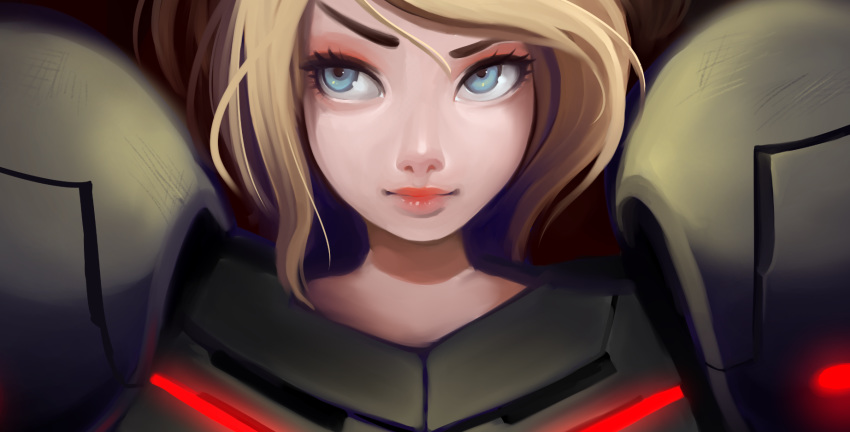 angelica_(k3lly) blonde_hair blue_eyes eyelashes female highres lazy_eye lips looking_at_viewer looking_to_the_side metroid phazon_suit pink_lips raised_eyebrow samus_aran short_hair solo upper_body