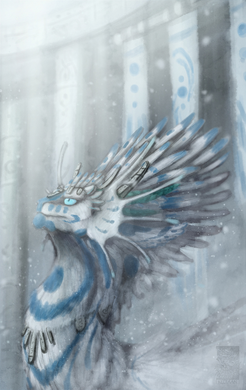 ambiguous_gender blue_body blue_eyes blue_feathers blue_fur daiman_night_dragon_(keltaan) detailed_background dragon feathered_dragon feathered_scalie feathers fur furred_dragon furred_scalie hi_res kelta'an_(character) keltaan mythological_creature mythological_scalie mythology outside scalie solo white_body white_feathers white_fur