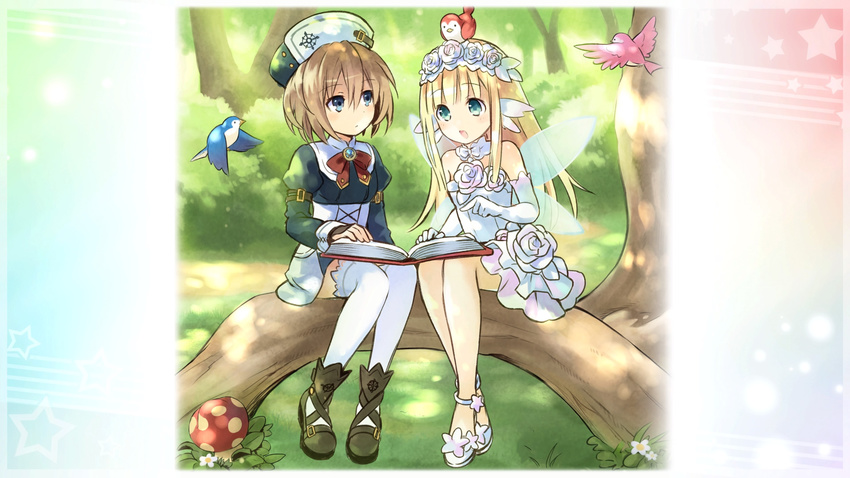 2girls absurdres animal animal_on_head bird bird_on_head blanc_(neptunia) blonde_hair blue_dress blue_eyes book boots bouquet_(neptunia) brown_footwear brown_gloves brown_hair detached_sleeves dress expressionless fairy_wings fingerless_gloves flower four_goddesses_online:_cyber_dimension_neptune full_body game_cg gloves hair_flower hair_ornament happy hat highres in_tree long_hair long_sleeves looking_at_another multiple_girls mushroom neck_ribbon necktie neptune_(series) official_art on_head pointing ribbon rose shoes short_hair sitting sitting_in_tree thighhighs tree tsunako white_dress white_footwear white_gloves white_legwear wings zettai_ryouiki